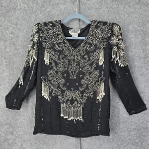 Vintage Showmax‎ Originals Blouse Woman Medium Black Silver Silk Beaded Sequined